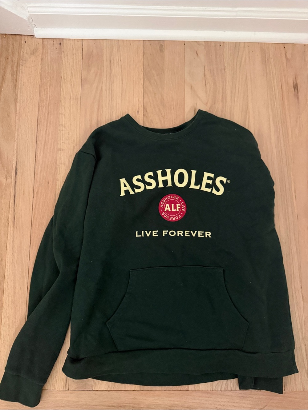 Dark Green Crewneck Sweater with Bold Graphic